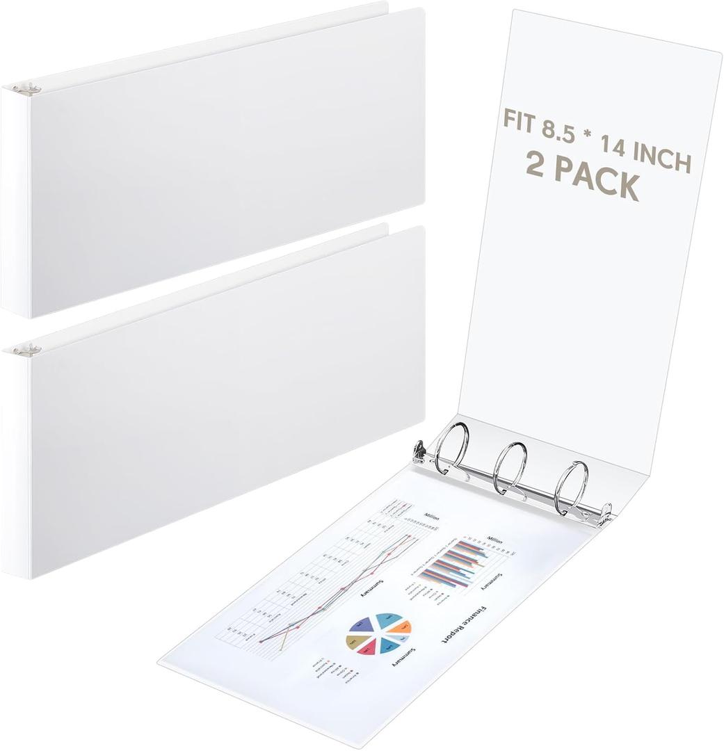 2 Pcs 8.5'' x 14'' Landscape 3 Ring Legal Size Binders 1 Inch Round Ring Binders Heavy Duty Economy Holds 8.5 '' x 14'' Paper for Artwork Blueprints, Office, Home, Work Places (White)
