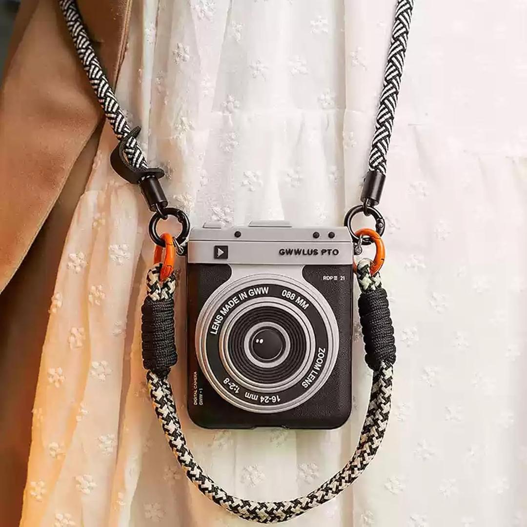 Magnetic Holder Case for Motorola Razr 2024 / Razr 2025 Camera Case Vintage Cover Cute 3D Cool Unique Design with Removable Neck Strap Lanyard for Girls Women(Black, razr 2024/2025)