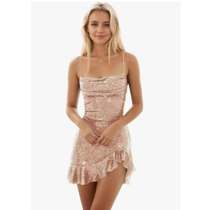 OFEYCHUN Short Homecoming Dresses for Teens Ruffle Hem Sparkly Cowl Neck Spaghetti Strap Cocktail Dresses, L