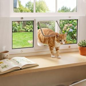 Full Size Cat Door Window InsertAdjustable Width of 23"-28", 4 Locking Modes, Magnetic Closure, 10-Min Quick Install, HD Transparent Flap,Weatherproof Window Pet Door for Cats & Small Dogs