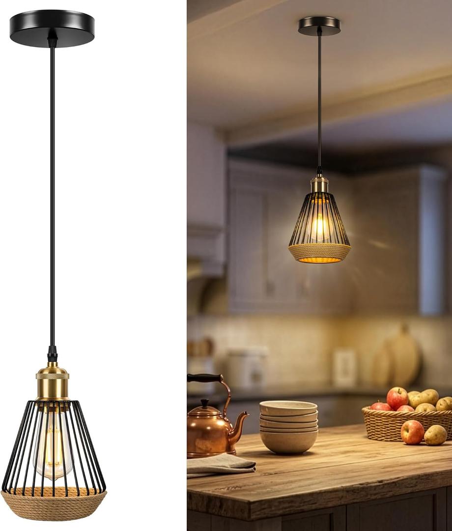 ropelux Pendant Lights Kitchen Island, Modern Kitchen Island Lighting, Adjustable Height Farmhouse Black Gold Brass Hanging Light Fixture for Living Room Sink Dinning Room Bedroom- 1PC (TY)