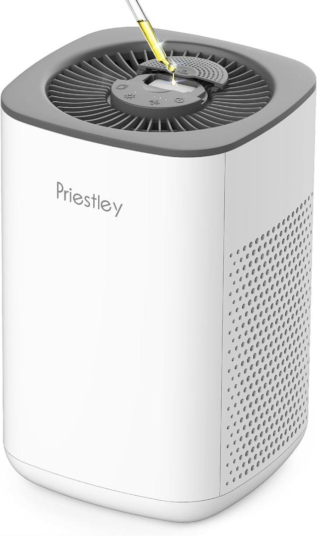 Priestley Small Air Purifiers for Home Bedroom Dorm Office Desktop, 20dB Quiet 3-in-1 HEPA Air Purifier with Essential Oil Diffuser, Air Filters Smoke, Allergies, Pet Dander, Odor, Dust (White P066)