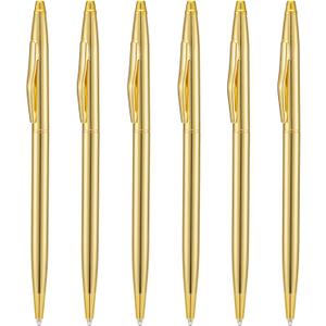 Wikult 6 Pieces Golden Slim Metal Ballpoint Pen, 1mm Medium Point Black Ink Smooth Writing, for Business Office Teacher Student Wedding Guest