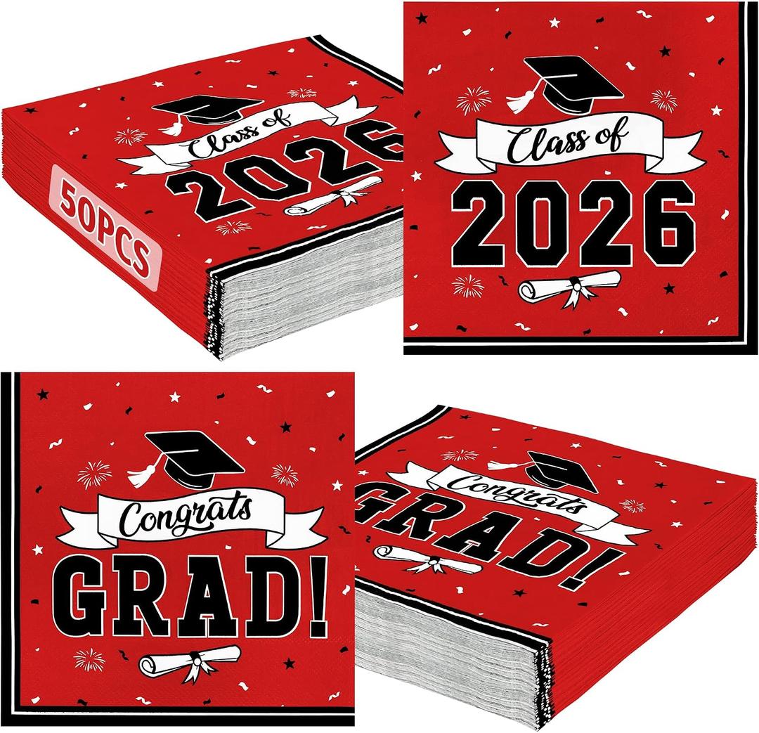 50 Pack Graduation Napkins Class of 2026 Decorations, 6.5 X 6.5 Inches Red Grad Napkins, Classic Cap Ribbon Themed Paper Tissues, Perfect for Graduation Decorations 2026 Celebration Party Supplies