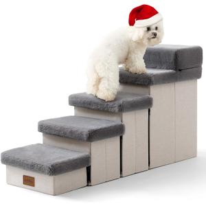 Dog Stair for Small Dogs with Storage, Foldable Pet Step with Soft Cover, Older Cat Ramp for Chair Couch Sofa, Lightweight, Durable, Comfort, 39.7x13x21.2 inch, 5 Tiers, Grey
