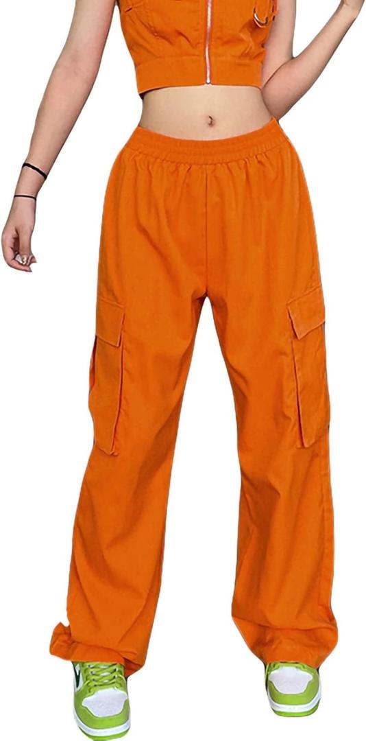 Women Fashion Cargo Pants Straight Leg Elastic Waist Vintage Y2K Baggy Jogger Loose Fit Trousers with Pockets (Large)