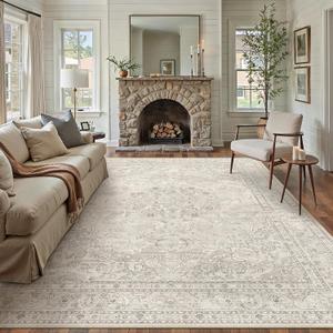 PureCozy Beige 8x10 Area Rug Washable Vintage Carpet for Living Room Bedroom Large Soft Retro Floral Low Pile Thin Indoor Rug Non Slip Central Medallion Floor Cover for Dining Room Office