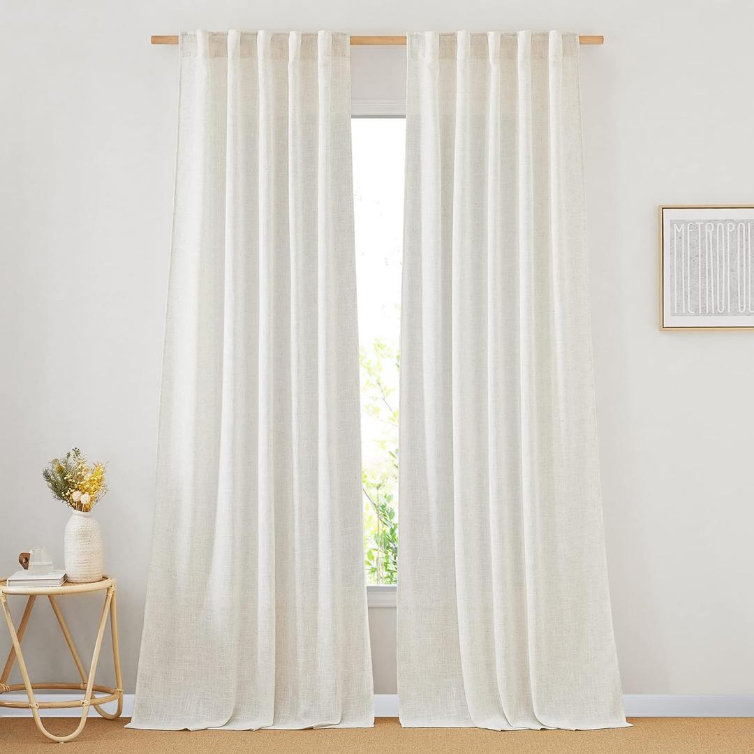 NICETOWN Linen Blend Living Room Curtains 84 inches Long, Rod Pocket & Back Tab Flax Linen Burlap Semi Sheer Drapes Privacy with Light Through Window Treatments for Bedroom, Natural, W42 x L84