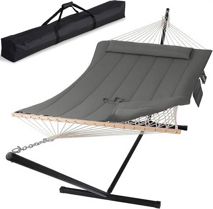 Double Outdoor Hammock with Stand, Carrying Bag, Dark Gray
Two Person Cotton Rope Hammock with Polyester Pad