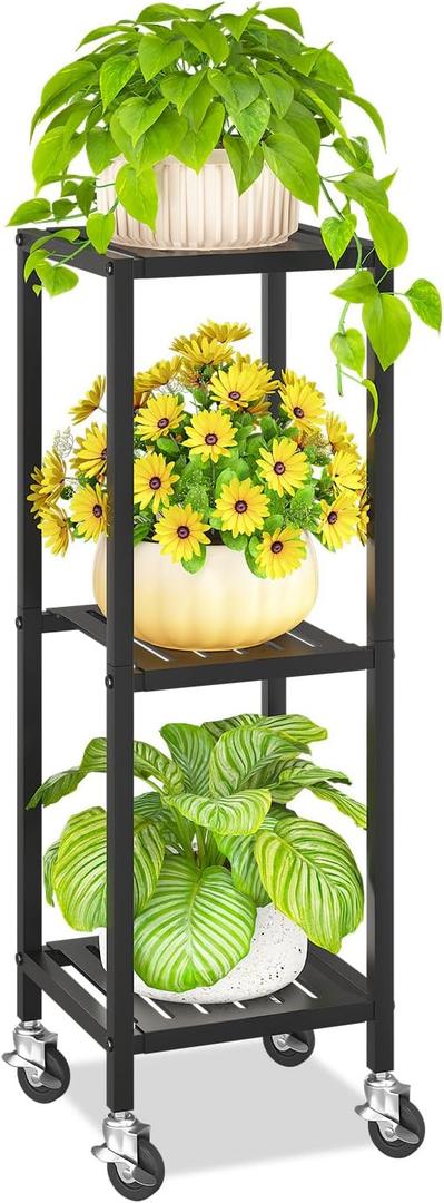 KMOTASUO 3 Tier Black Tall Plant Stand with Wheel for Indoor Outdoor, Heavy Duty Metal Multiple Large Planter Rack for Narrow Corner, Sturdy Iron Vertical Flower Holder for Modern House Patio Bathroom
