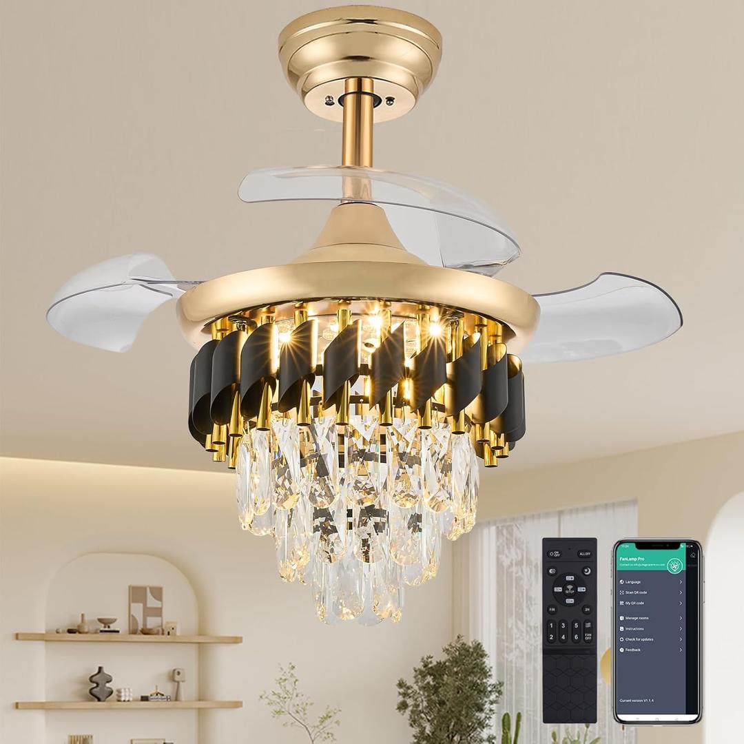 30 Inch Retractable Blade Dimmable Fandelier Ceiling Fan with Light, Crystal Chandelier Ceiling Fan with APP/Remote Control, 6-Speed, Quietness, Reversible for Bedroom, Living Room, Gold
