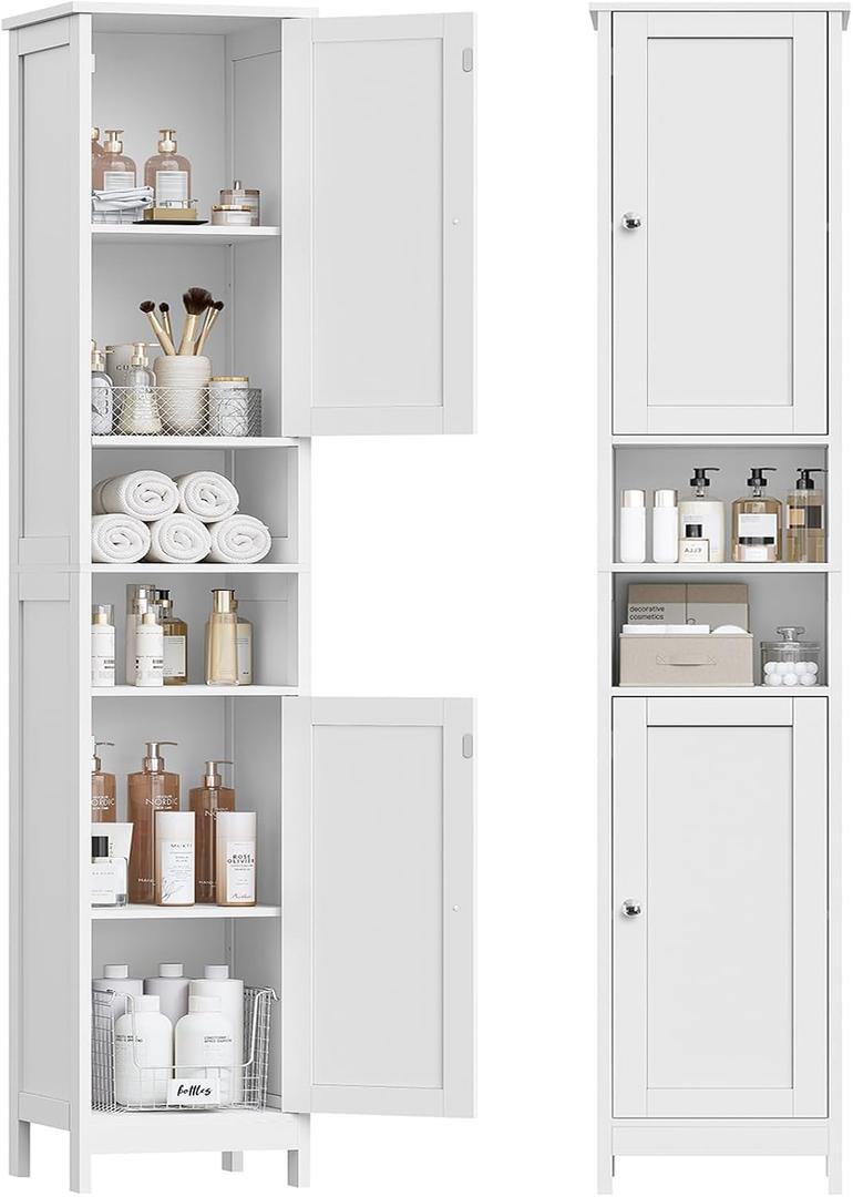 TEENFON 67" Tall Bathroom Cabinet with Adjustable Shelves and Doors, Narrow Bathroom Storage Cabinet for Small Space, Living Room, Entryway, Kitchen, White, 11.8"D x 11.8"W x 66.9"H