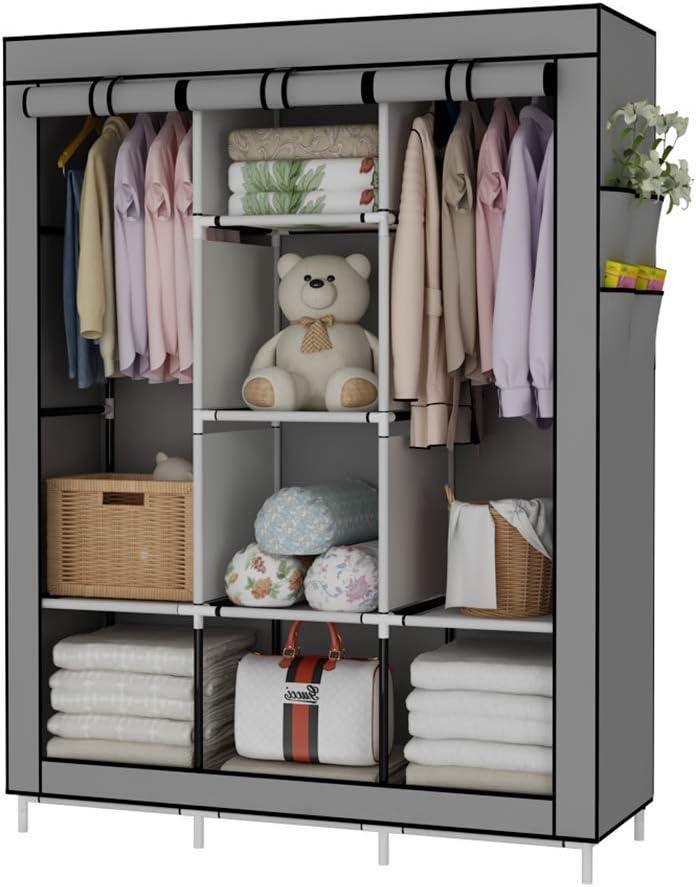 UDEAR Portable Wardrobe Closet Clothes Organizer No-Woven Fabric Cover with 6 Storage Shelves, 2 Hanging Sections and 4 Side PocketsGrey