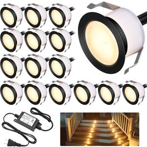 LED Deck Light Kits Warm White, 1.22 Recessed Step Light 16 Pack with Black Protective Shell, DC12V Low Voltage LED Deck Lighting, IP67 Waterproof Outdoor Stair Lights for Garden