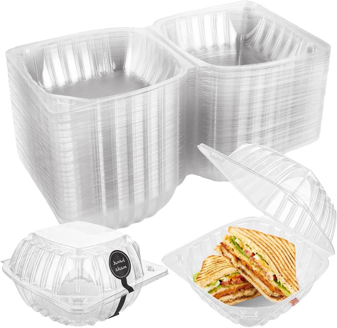 200 Pack Clear Clamshell Take Out Tray 6 x 6 x 3.15 Inch Plastic to go Containers, Disposable Takeout Hinged Boxes with 200pcs Hand Made Tags for Dessert, Cakes, Salads, Hamburger, Sandwiches