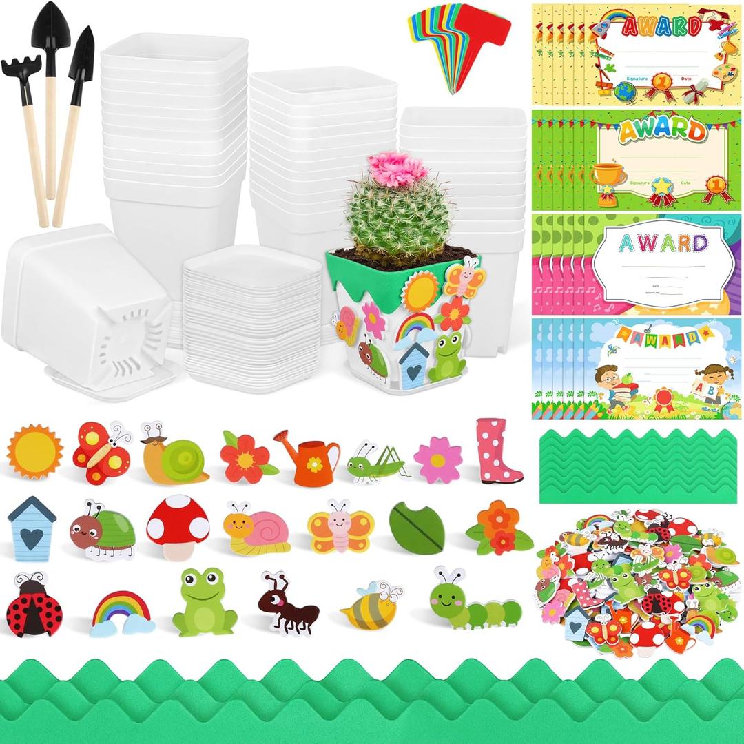 Elcoho 36 Set Garden Plastic Pot Craft Kit Plant Spring Craft Kits for Kids Flower Pots with 150 Foam Stickers 36 Labels 24 Certificate of Awards 3 Tools Planting Growing Kit for Kids, White (Mixed Colors)