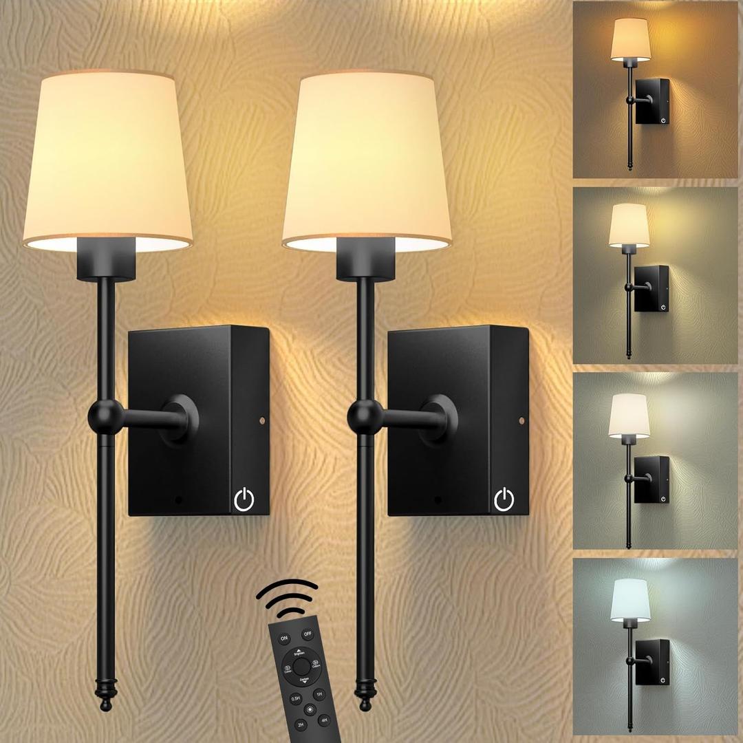 Rechargeable Battery-Operated Wall Sconces Set of 2: Black Wireless Wall Lights with Touch and Remote, 6000mAh Battery Powered Scone Lighting Cordless Wall Lamp for Bedroom Living Room Hallway