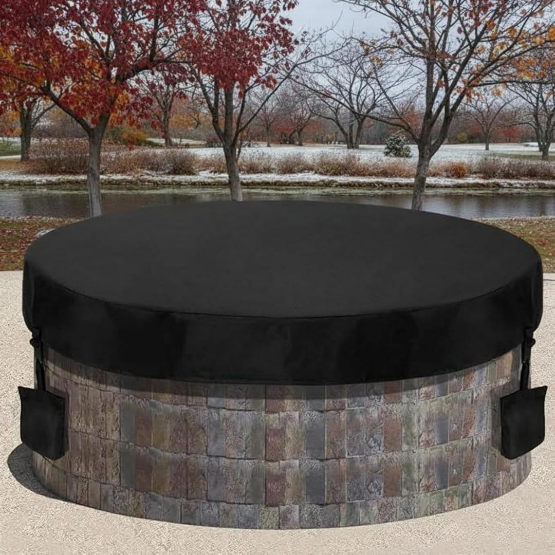 Tegeme 70-74 Inch Fire Pit Cover Round for in Ground 600D Oxford Cloth Waterproof Heavy Duty Built in Stone Fire Pit Cover for Outdoor Patio, Black