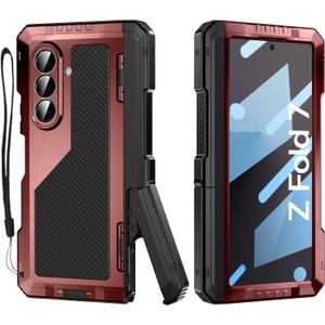 Rugged Armor Case for Samsung Galaxy Z Fold 7 5G, Military Grade Shockproof Protective with Kickstand, Built-in Screen Protector, Metal Bumper & Full Hinge Protection Cover, Red