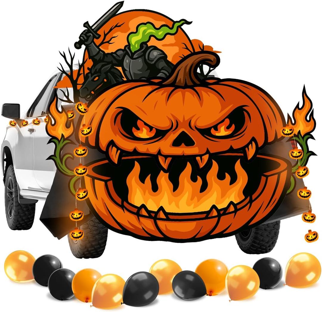 ANZOME Halloween Pumpkin Trunk or Snack Truck Decor Kit for Pickup Bed, LED String of Lights, Balloons and PVC Decorations, Headless Knight Theme, Outdoor Arch/Garage/Party