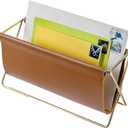 MyGift 10 Inch Mid Century Caramel Leatherette Mail Sorter Letter Holder Rack with Brass Tone Metal Frame, Faux Leather Sling Style Office Desk Card Envelope Organizer Stand