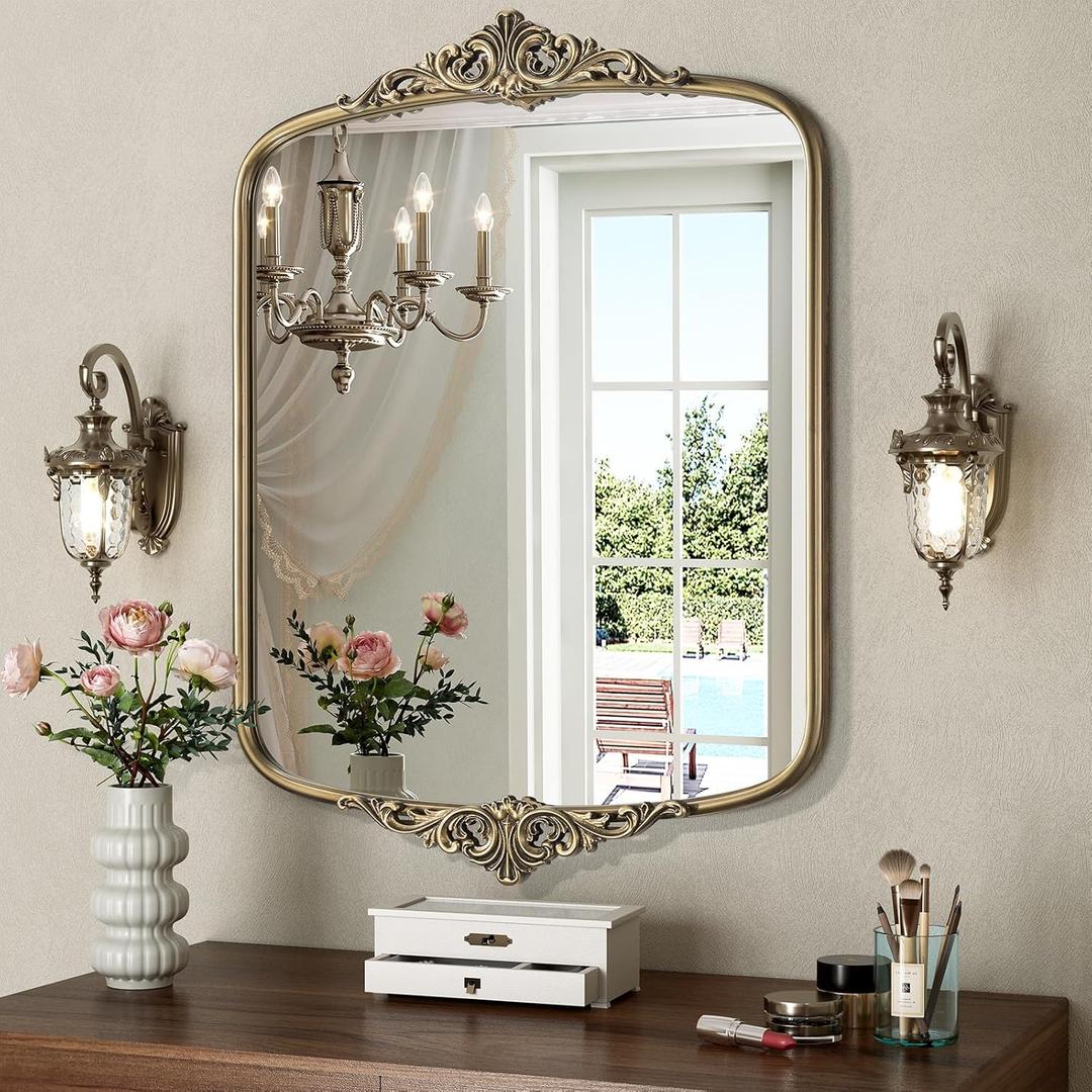 Vintage Gold Oval Mirror, 24x32 Inch Antique Bathroom Oval Mirrors for Over Sink, Ornate Framed Mirrors for Bedroom Fireplace Entryway Mantel