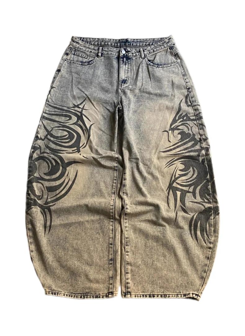 SOLY HUX Women's Y2k Wide Leg Jeans Retro Vintage Print Baggy Denim Pants with Pocket Medium Wash 30