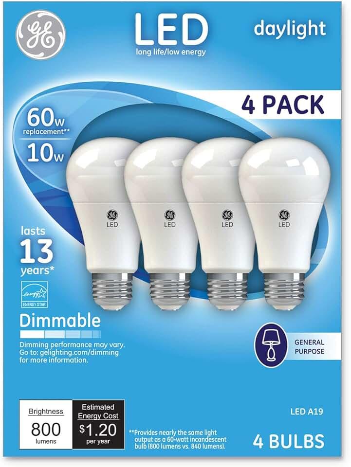GE Lighting LED Standard Light Bulbs, 10 Watts (60 Watt Equivalent) Daylight, Medium Base, Dimmable (4 Pack)