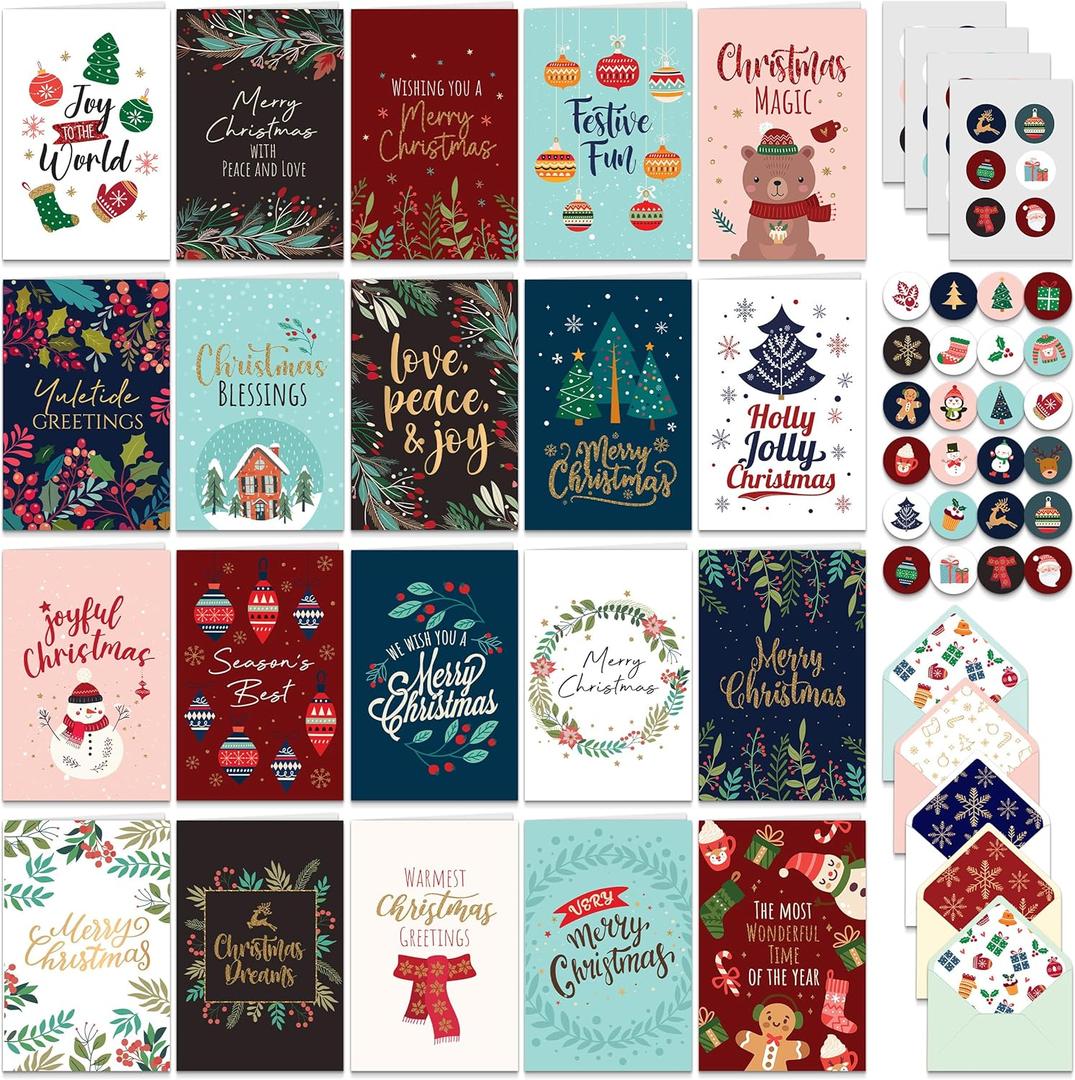 Decorably 100 Pack Foiled and Glittery 6x4in Christmas Cards with Envelopes Bulk and Stickers, 20 Festive Holiday Designs Seasons Greetings for Friends & Loved Ones, Printed Message - Gifting, Mailing