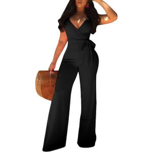MESLIMA Women's Summer Sleeveless Short Romper Sexy Strap V Neck Wrap Front Tie Casual One Piece Jumpsuit
