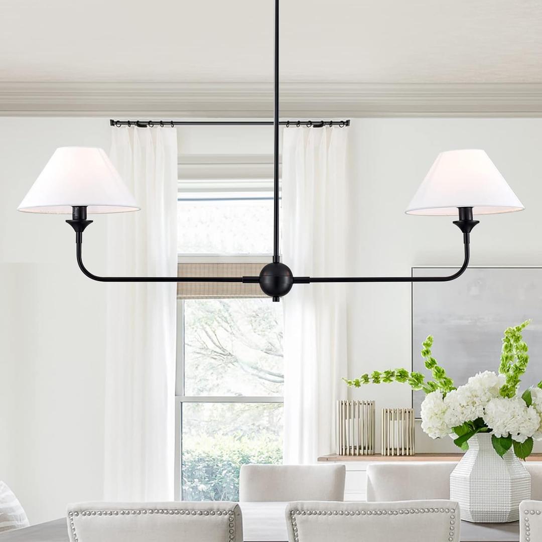 Modern Linear Chandelier, 2-Light Linear Kitchen Island Lighting Fixture with Finish Off-White Fabric Shade, Modern Kitchen Pendant Light for Dining Room, Restaurant, Living Room, Bedroom (Black)