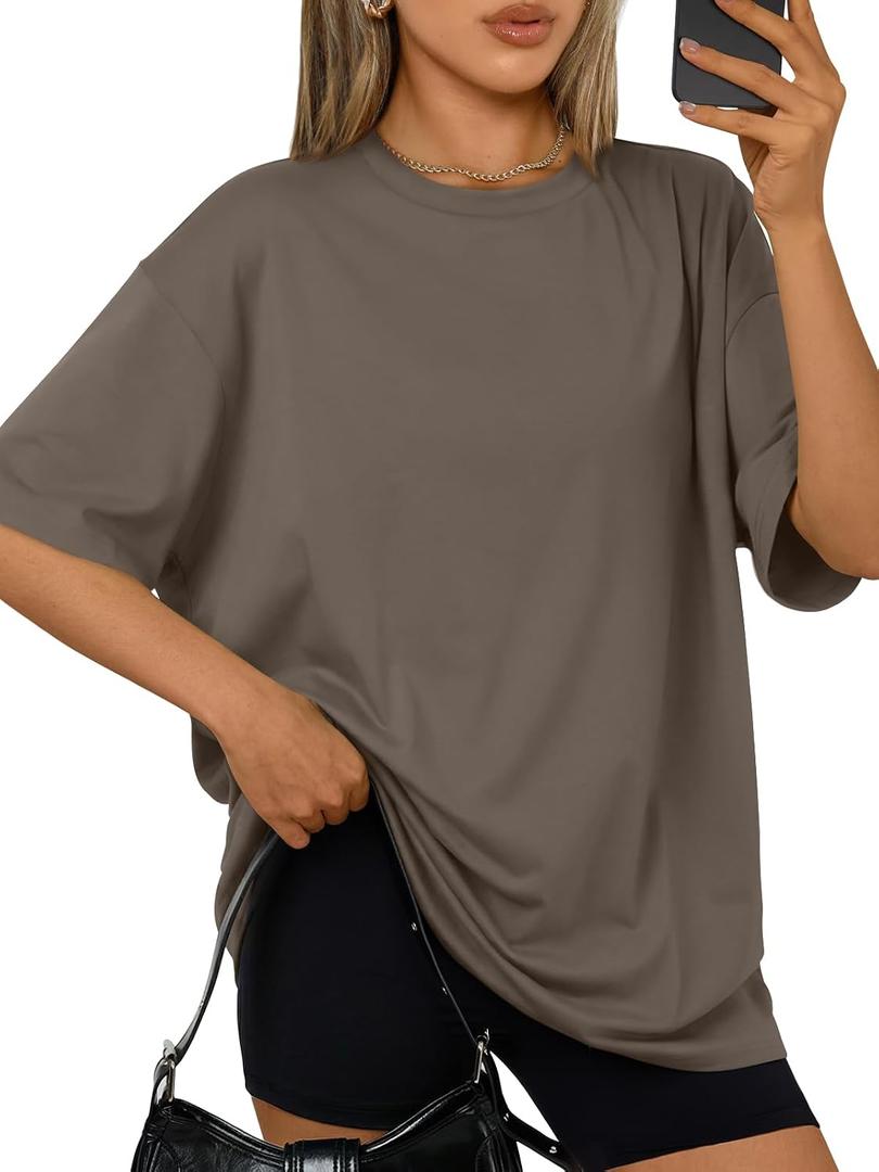 Trendy Queen Womens Oversized Summer T Shirts Plus Size Spring Cute Casual Tops Short Sleeves Fashion Workout Clothes (Brown, L)