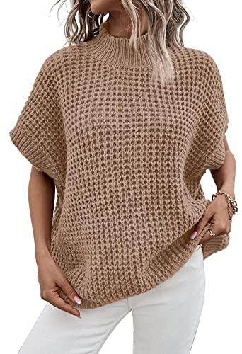 Viottiset Women's Oversized Batwing Sleeve Mock Neck Sweater Vest Sleeveless Pullover Knit Sweaters Khaki L