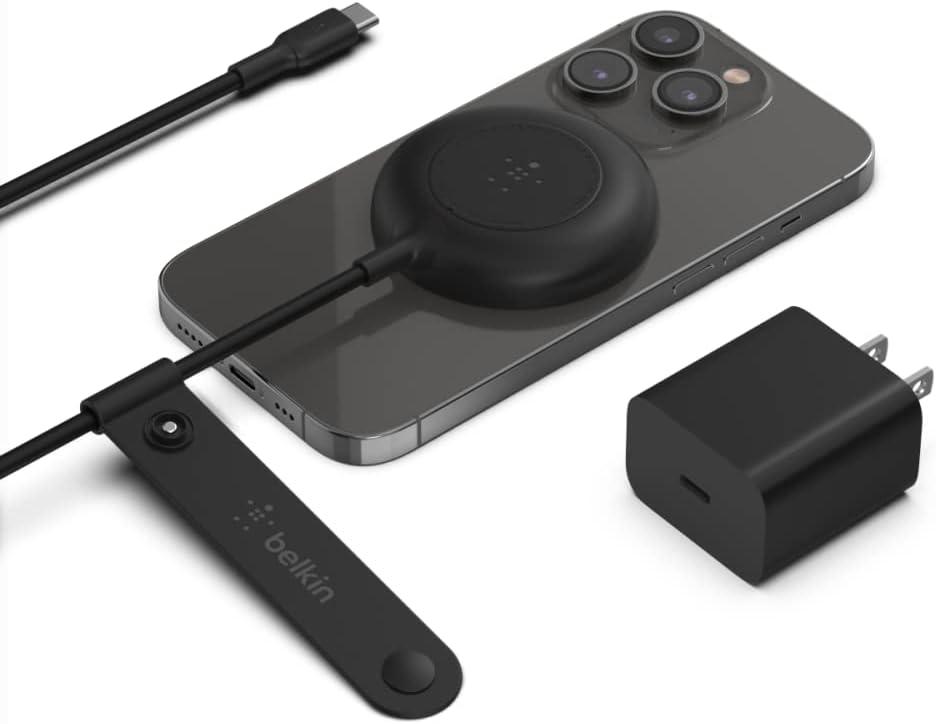 Belkin 7.5W Magnetic Portable Wireless Charger Pad - 6.6ft/2M Long Cable - MagSafe Compatible Charger - iPhone Charger Compatible w/ iPhone 15, iPhone 14, iPhone 13 - Power Supply Included - Black