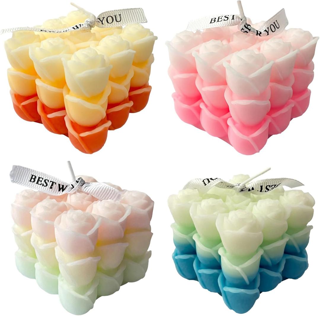 4 Pack Rose Bubble Candles - Multi-Color Gradient Cube Soy Wax Pillar for Home Decor, Romantic Scented for Valentine's Day, Wedding, Anniversary, Birthday and Gift