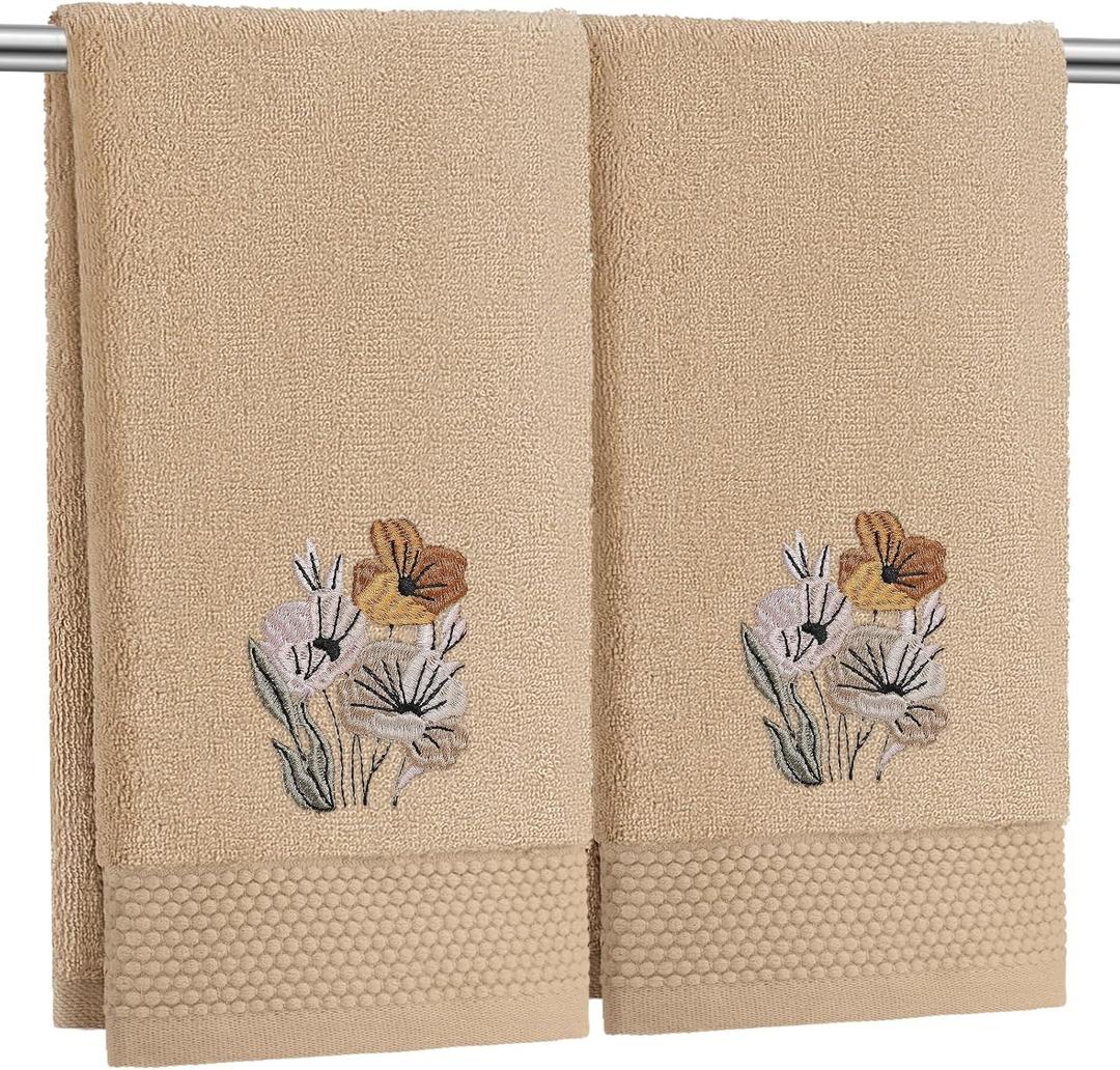 SmoothNovelty 2 Pcs Neutral Boho Floral Hand Towels Light Khaki Bathroom Decor 14x29 Inch Embroidered 100% Cotton Soft Absorbent Spring Summer Decorative Hand Towels for Bathroom Kitchen