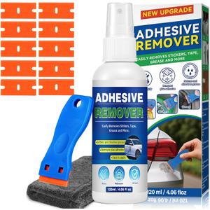 Adhesive Remover, 4.06 Oz Sticker Remover for Cars, Windows, Floor, Glue Remover with Plastic Razor Blade Scraper – Rapidly Removes Labels, Stickers, Glue, Tape, Gum, Wax (Blue)