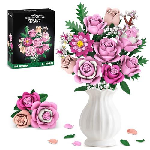Pink Rose Bouquet Flowers Building Set, 834Pcs Roses Artificial Flowers Botanical Collection Compatible with Lego Flowers for Adults Valentines Day Gifts for Her Women Wife Girlfriend Mom