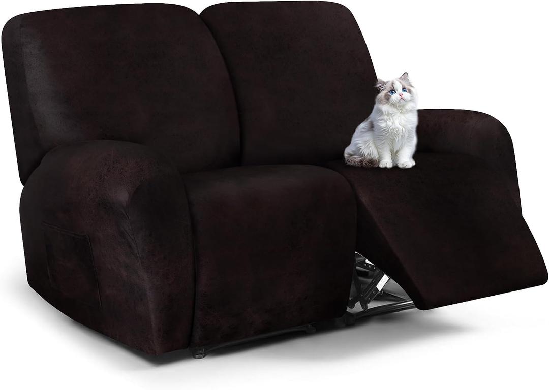 ANARACHON Leather Look Loveseat Recliner Cover, 6-Pieces Stretch Dual Recliner Sofa Covers, Soft Reclining Couch Slipcover, Washable Furniture Protector for Pets (2 XL Seater, Chocolate)