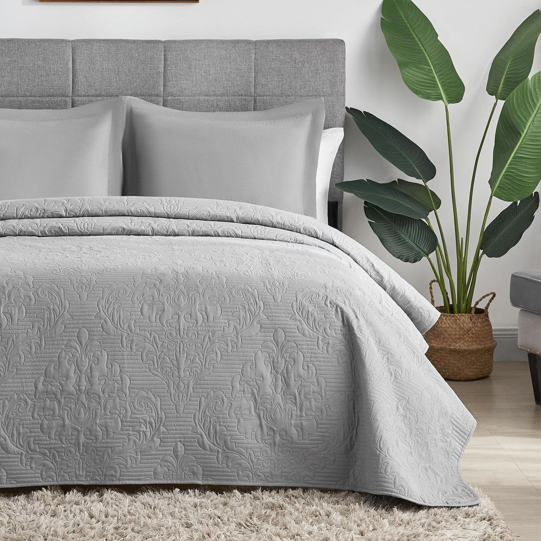 Hansleep Grey Quilt Queen Size - Damask Ultrasonic All Season Bedspread Queen, Soft Lightweight Coverlet Bedding Set, 3 Pieces (1 Quilt, 2 Pillow Shams)