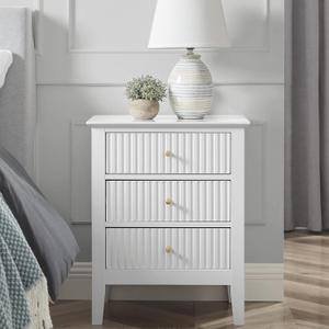 OCANDO White Bed Side Table with 3 Drawers 19" W, Bedroom Nightstand 24" H, Vintage Modern Night Stand, Living Room Fluted End Bedside Tables
