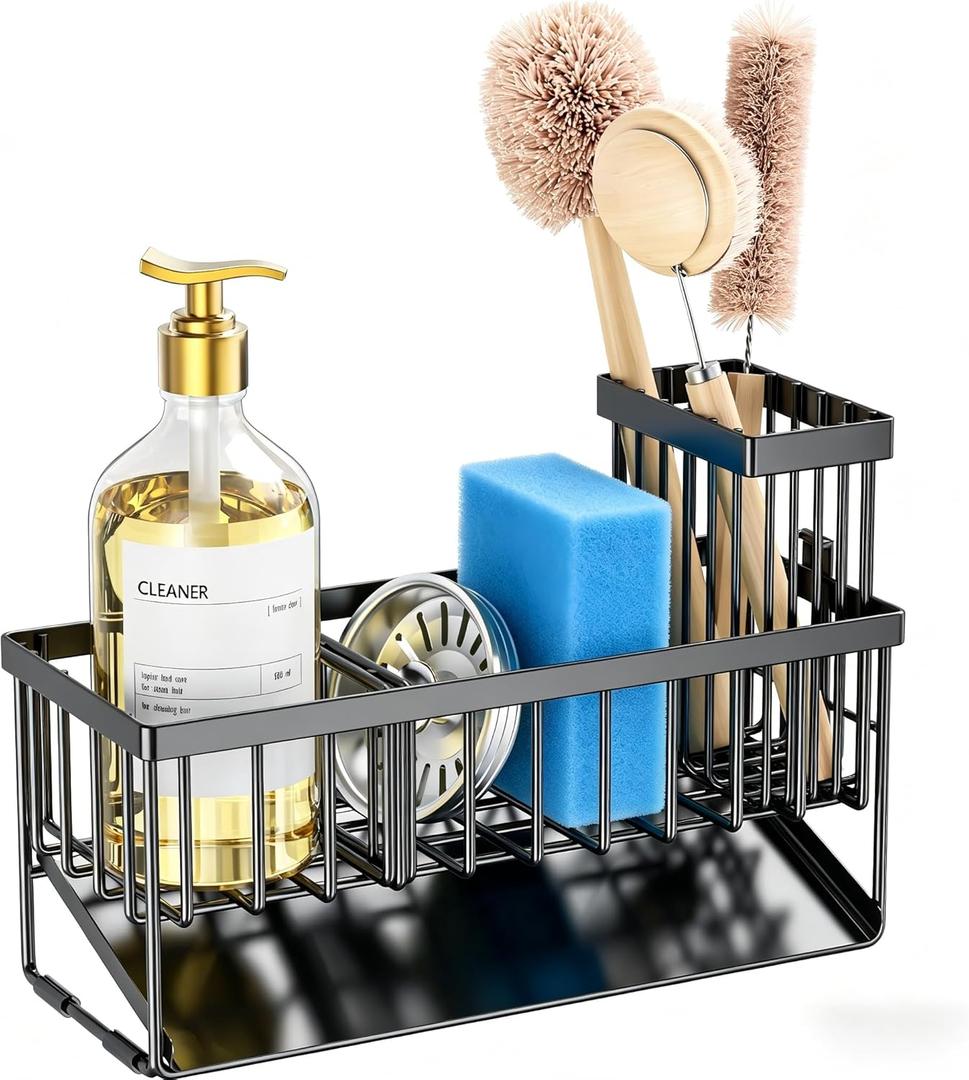 Cisily Sink Caddy Sponge Holder for Kitchen with Brush Holder and Stainless Steel Self Drain Tray, Rustproof Kitchen Sink Organizer for Sponge, Soap Dispenser Storage Accessories (9.25, Black)