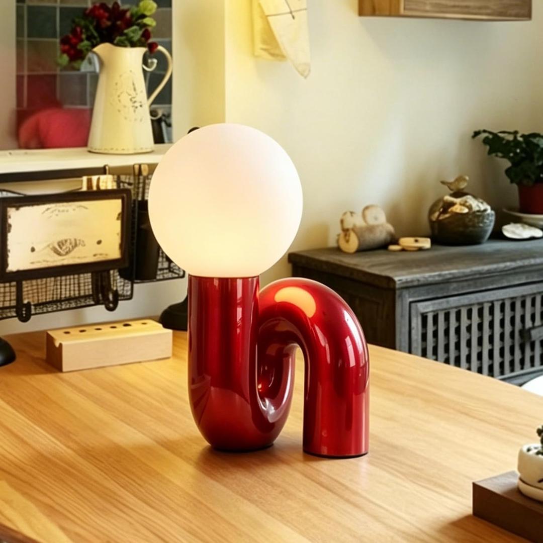 Skyblaze Modern Globe Glass Table Lamp, Decorative Art Decor Night Light, Cute Bedside Desk Lamp for Bedroom Living Room Office Red Finish