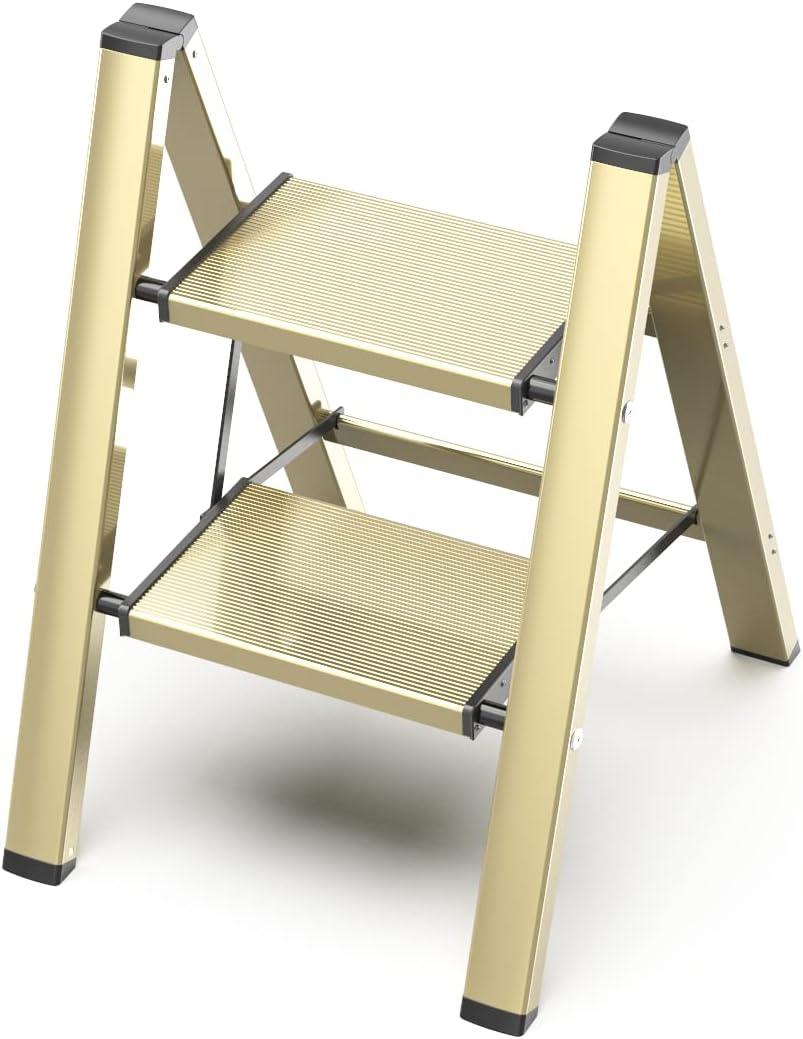 2 Step Ladder, Aluminum Folding Step Stool with Anti-Slip Sturdy and Wide Pedal, Lightweight Portable Multi-Use Stepladder for Home and Kitchen Use Space Saving, Gold, 330 lbs