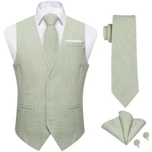 DiBanGu 4PCS Mens Suit Vest Linen Solid Color Vest for Men Wedding Casual Waistcoat Necktie Pocket Square Cufflinks 2XL