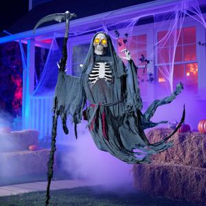 JOYIN 6 Ft Flying Grim Reaper Animated Halloween Decorations Outdoor with Sickle, Spooky Sound Animatronics Standing Skeleton for Scary Haunted Houses Prop Graveyards Lawn Party Yard Decor