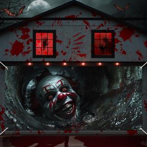 Halloween Garage Door Decorations Horror Clown Garage Door Banner Cover 6x13 Ft Black Scary Spooky Joker Extra Large Halloween Party Backdrop Decor Outdoor Holiday Background Sign Supplies