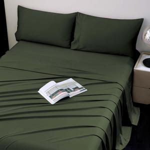 Viviland Cooling Full Sheets, Bamboo Viscose with Elastic Corner Straps, Olive Green Cold Siky Sheet & Pillowcase Sets for Hot Sleepers