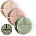 WeeSprout Suction Plates with Lids for Babies & Toddlers - 100% Silicone, Dinnerware Stays Put, Divided Design for Picky Eaters, Microwave & Dishwasher Friendly, 3 Pack (Matte Green, Pink & Off White)