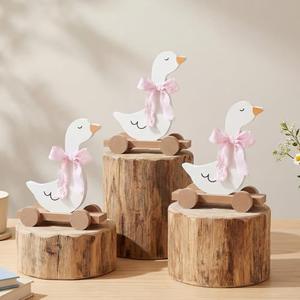 Wenqik 2 Pcs Silly Goose Baby Shower Table Centerpieces Pink Bow Wooden Goose on Wheels Decor Table Centerpiece Geese for Baby Shower Nursery Decor Photo Prop 1st Birthday Party